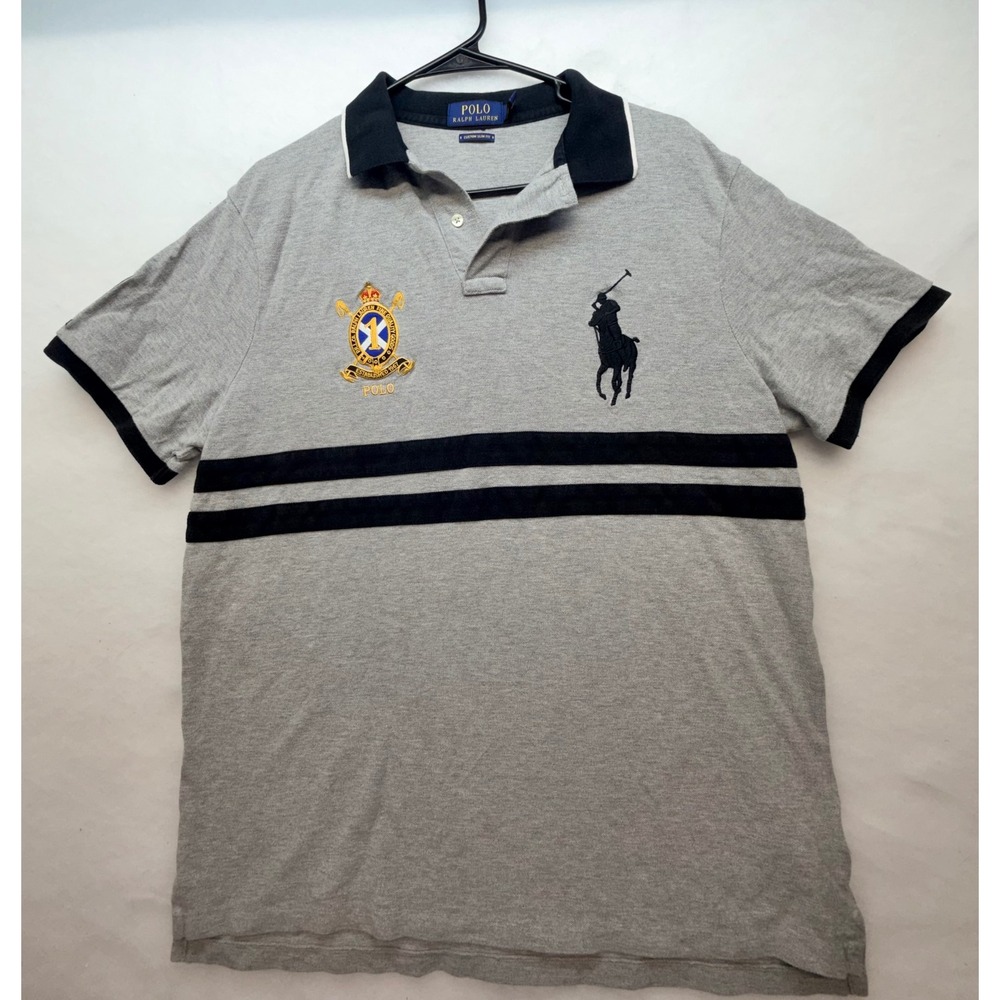 Polo Ralph Lauren Mens XL Custom Slim Fit Big Pony Crest Polo Shirt Gray Navy